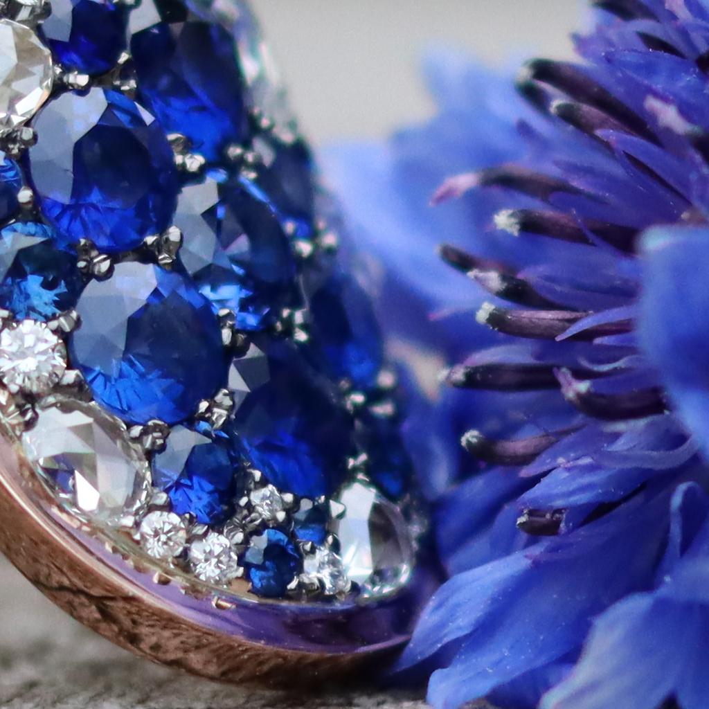 Royal Blue Sapphire, Rose-Cut & Briljant-Cut Diamond Pave Mosaic Ring 11