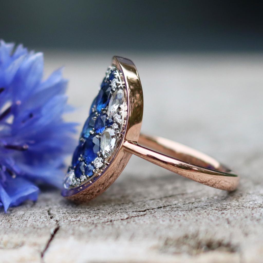 Royal Blue Sapphire, Rose-Cut & Briljant-Cut Diamond Pave Mosaic Ring 13