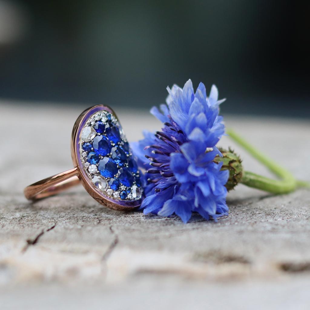 Royal Blue Sapphire, Rose-Cut & Briljant-Cut Diamond Pave Mosaic Ring 14