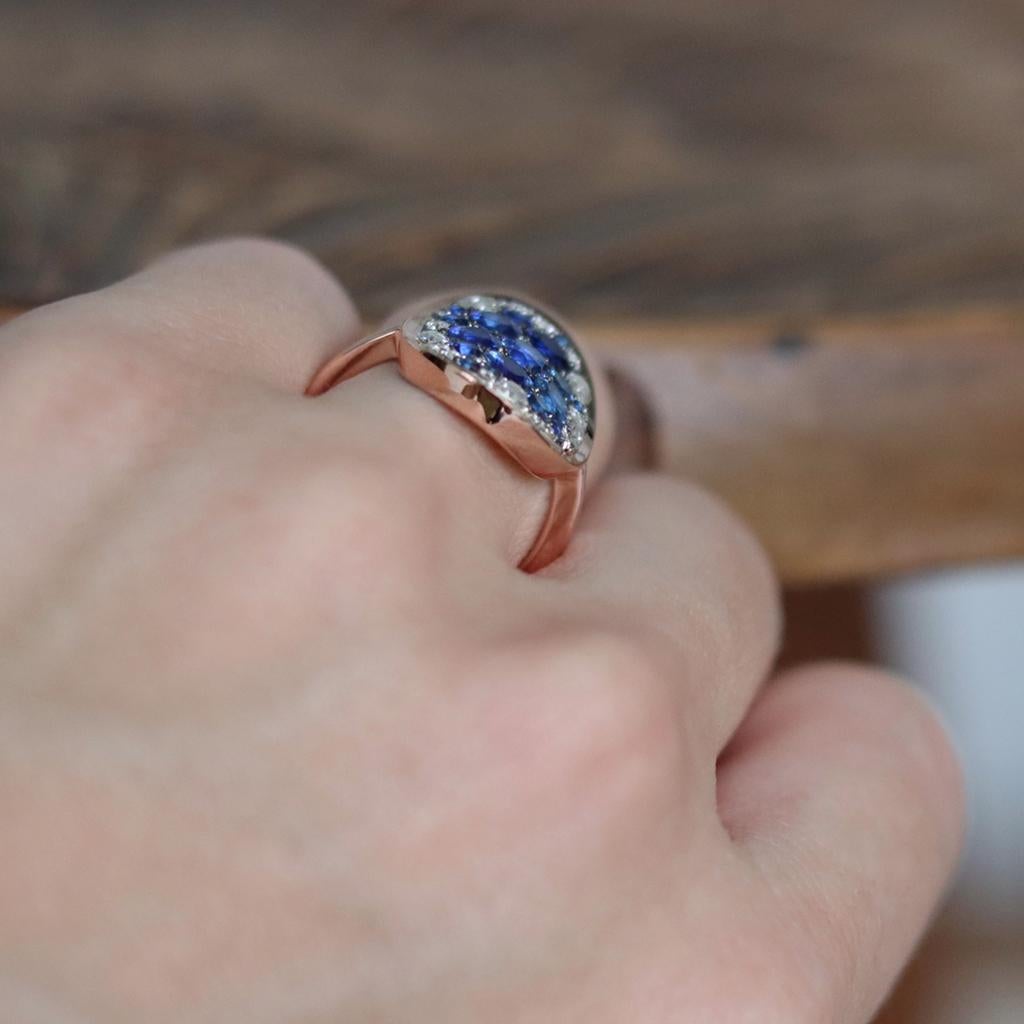 Royal Blue Sapphire, Rose-Cut & Briljant-Cut Diamond Pave Mosaic Ring 2