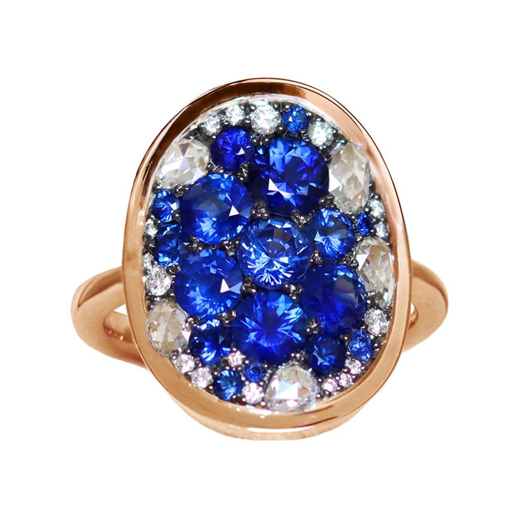 Royal Blue Sapphire, Rose-Cut & Briljant-Cut Diamond Pave Mosaic Ring