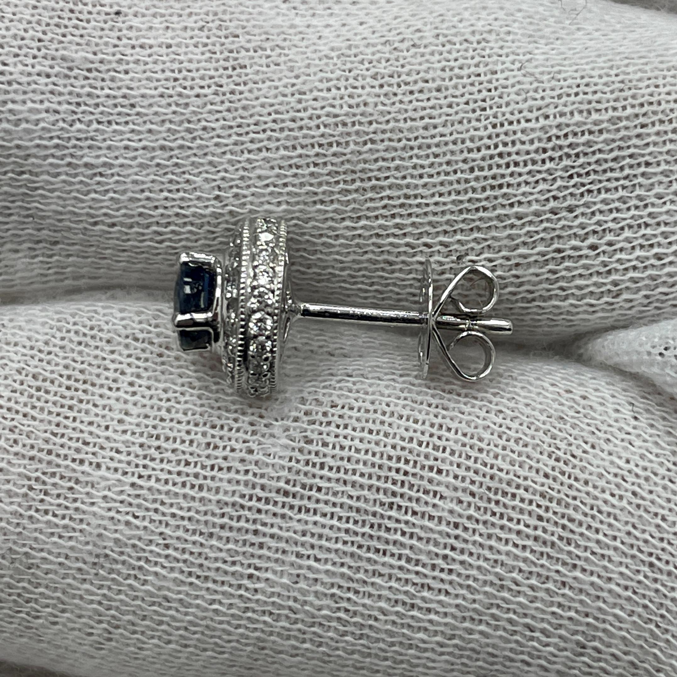 Royal Blue Sapphire Studs in White Gold with Diamonds In New Condition For Sale In New York, NY