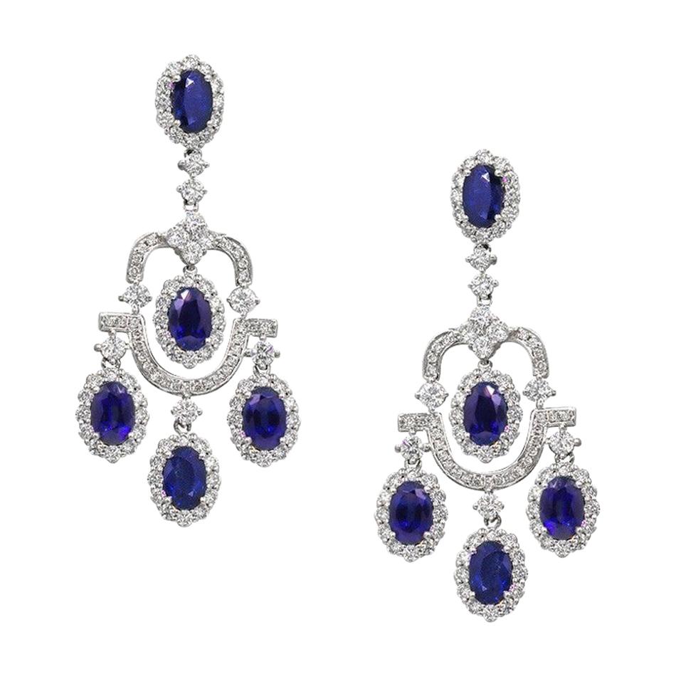 Royal Blue Sapphire White Diamond White Gold 18 Karat Dangle Earrings