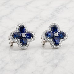 Royal Blue Sapphire White Diamonds Floral Earrings Set 18K White Gold Earrings