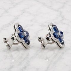 Royal Blue Sapphire White Diamonds Floral Earrings Set 18K White Gold Earrings
