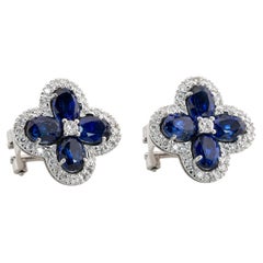 Royal Blue Sapphire White Diamonds Floral Earrings Set 18K White Gold Earrings