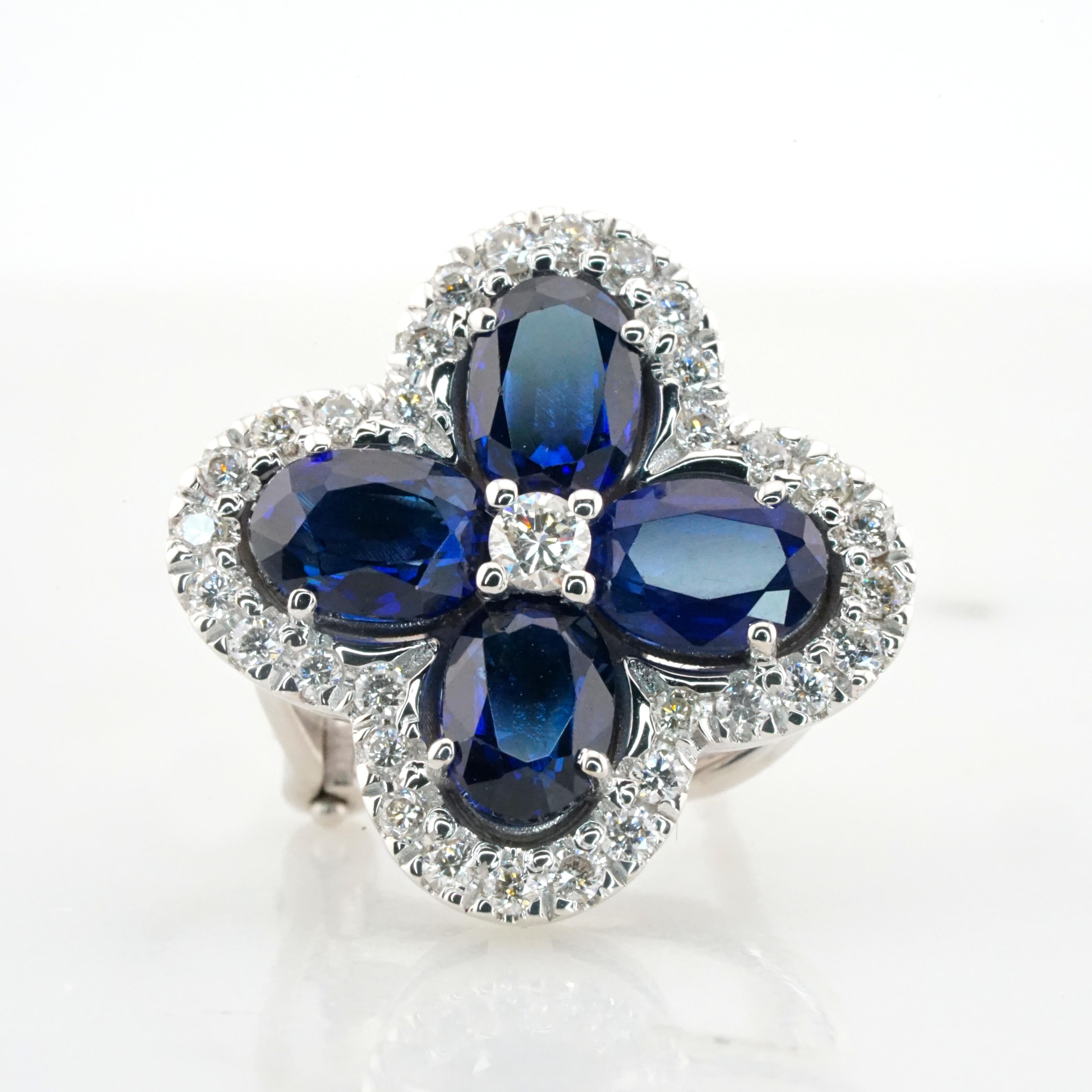 Oval Cut Royal Blue Sapphire White Diamonds Made in Italy 18 Carats White Gold Earrings For Sale