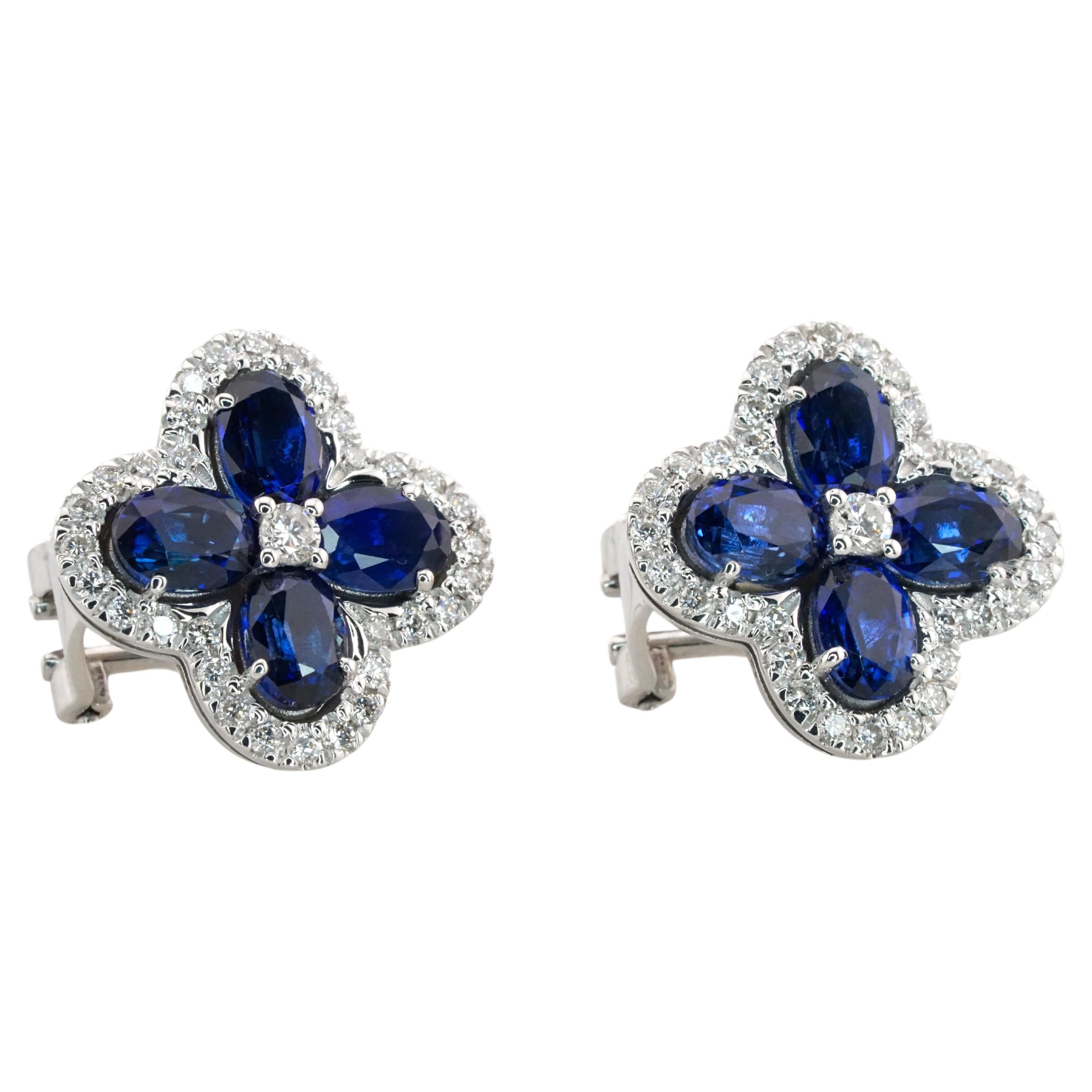 Royal Blue Sapphire White Diamonds Made in Italy 18 Carats White Gold Earrings For Sale