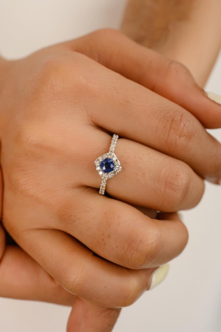 For Sale:  Royal Blue Sapphire with Halo Diamond Ring Crafted in Solid 14k White Gold 4