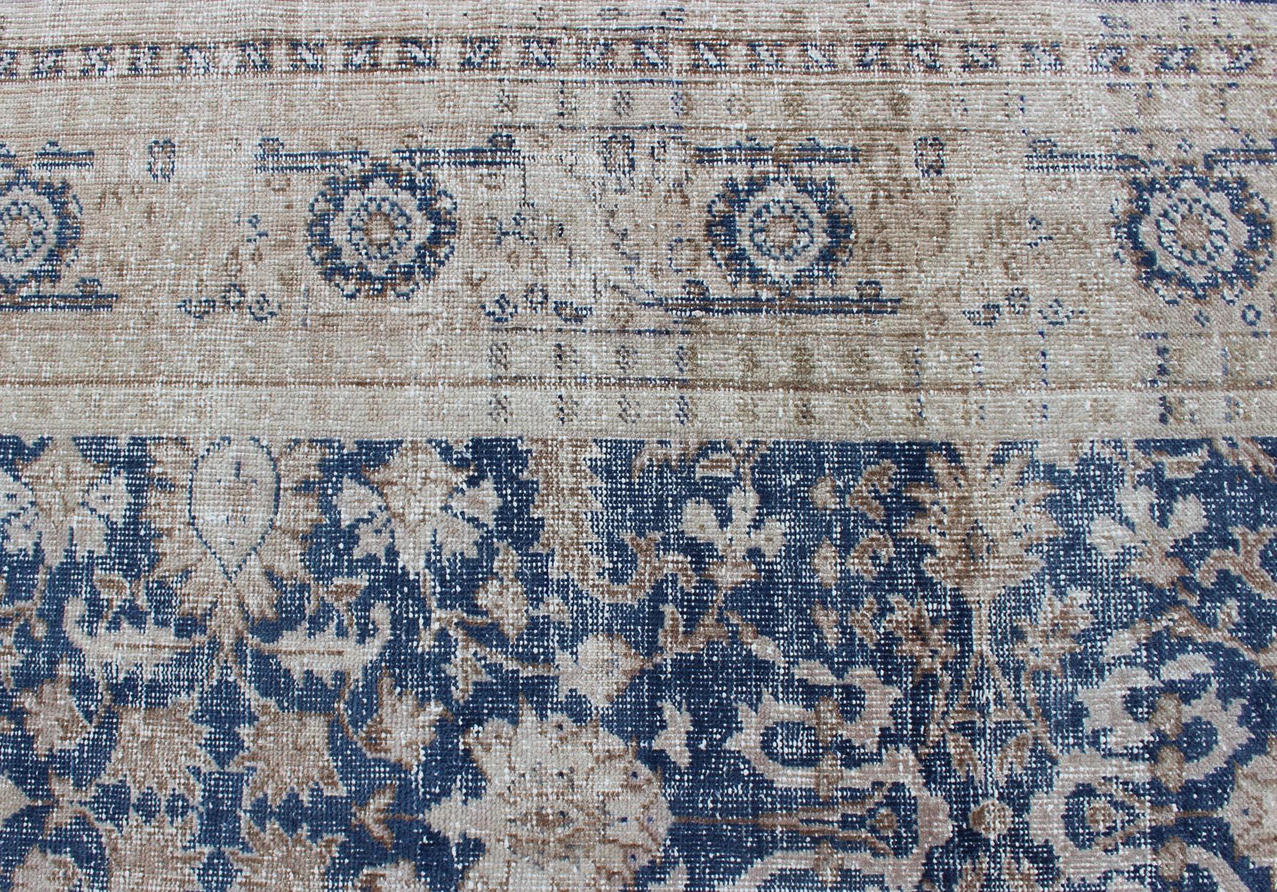 Royal Blue, Taupe Vintage Turkish Distressed Rug with All-Over Geometric  Design For Sale 3