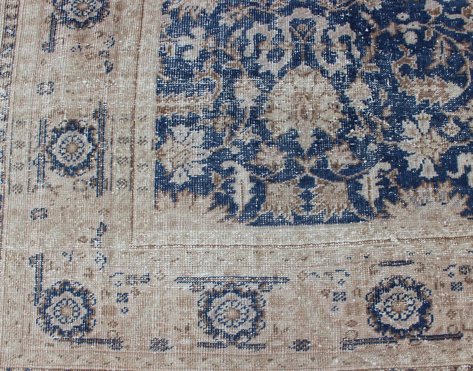 Royal Blue, Taupe Vintage Turkish Distressed Rug with All-Over Geometric  Design For Sale 4