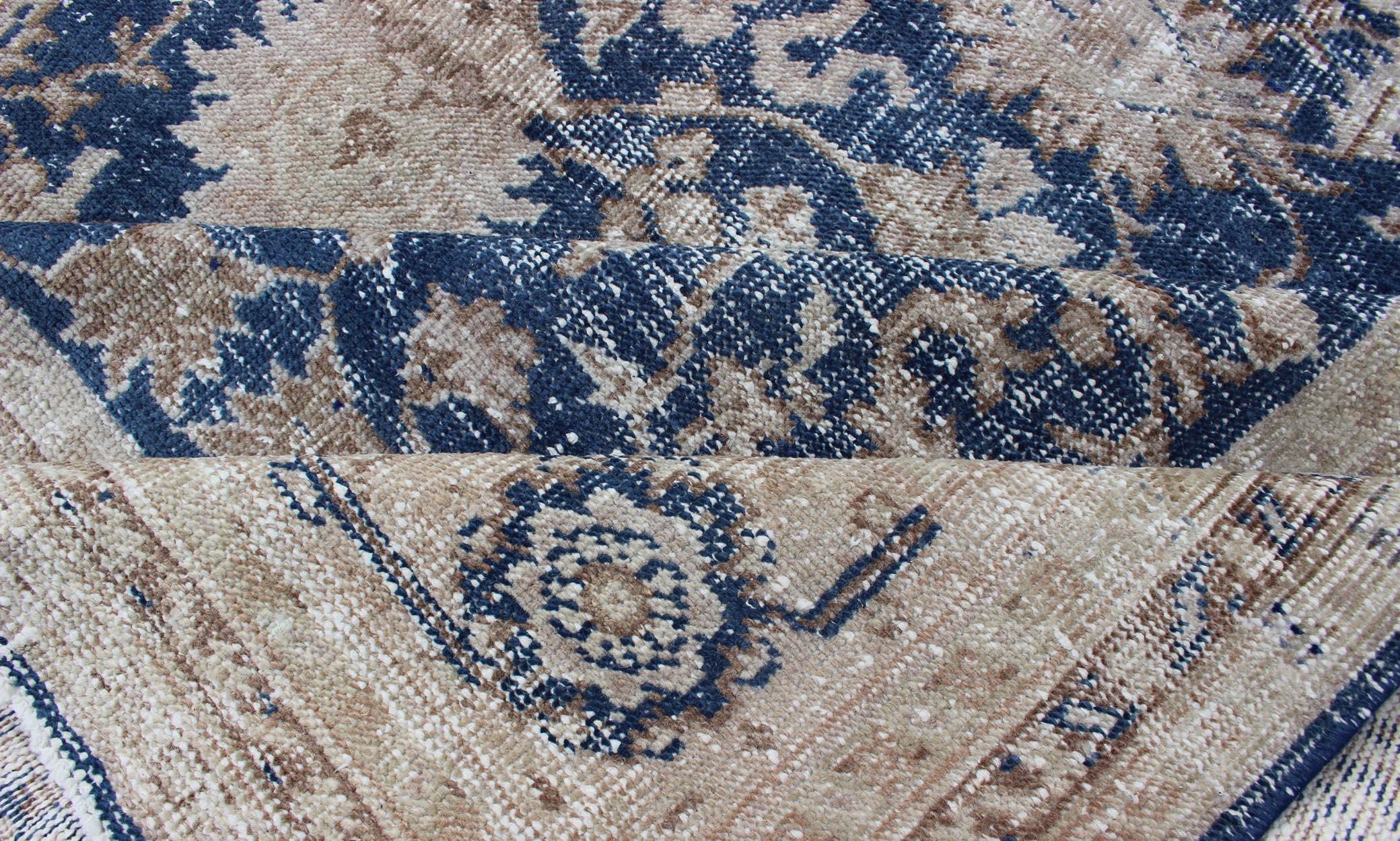 Royal Blue, Taupe Vintage Turkish Distressed Rug with All-Over Geometric  Design For Sale 5