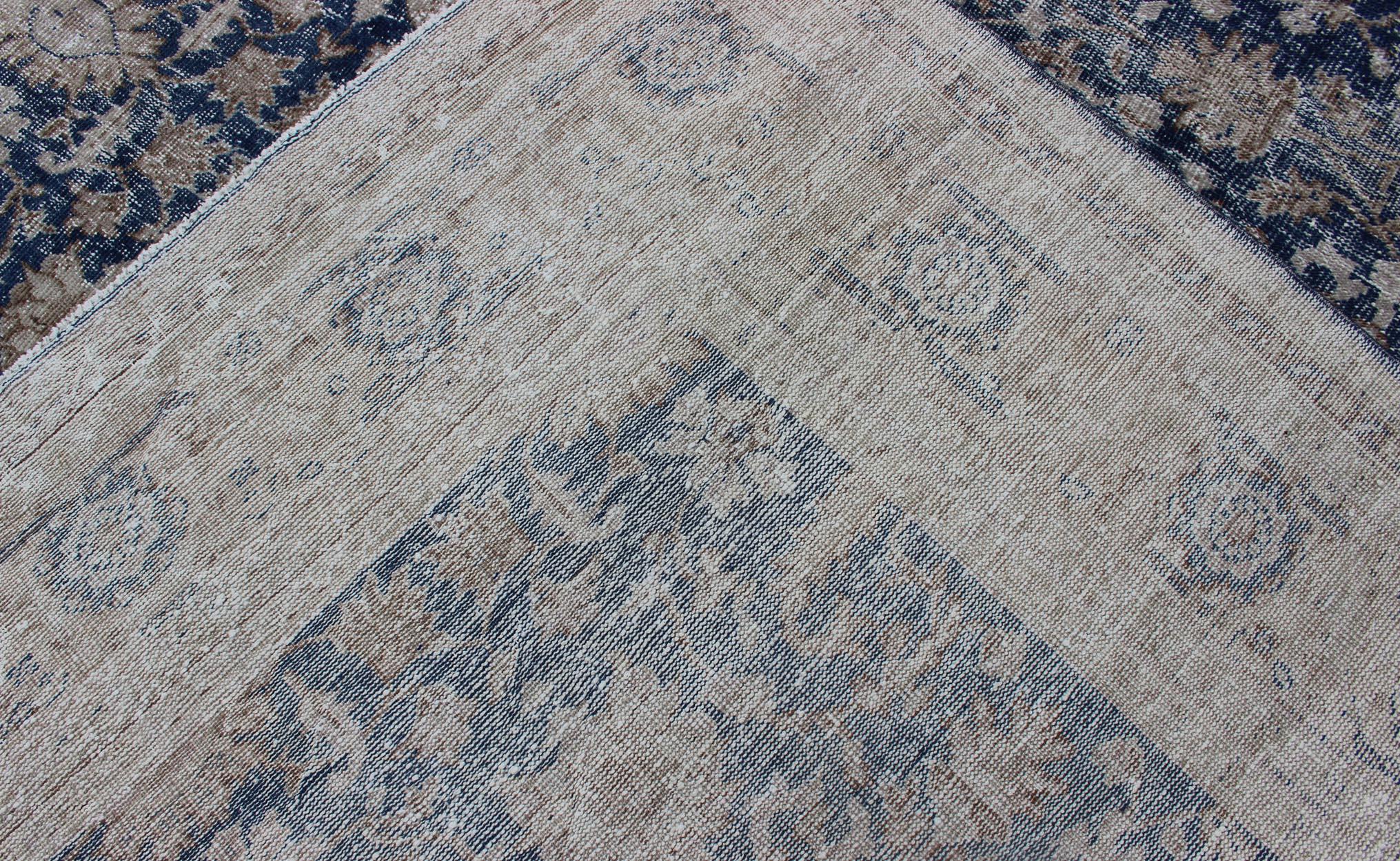 Royal Blue, Taupe Vintage Turkish Distressed Rug with All-Over Geometric  Design For Sale 6