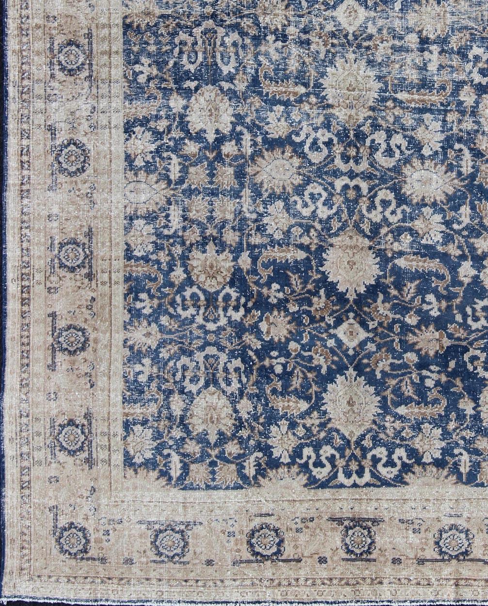 Oushak Royal Blue, Taupe Vintage Turkish Distressed Rug with All-Over Geometric  Design For Sale