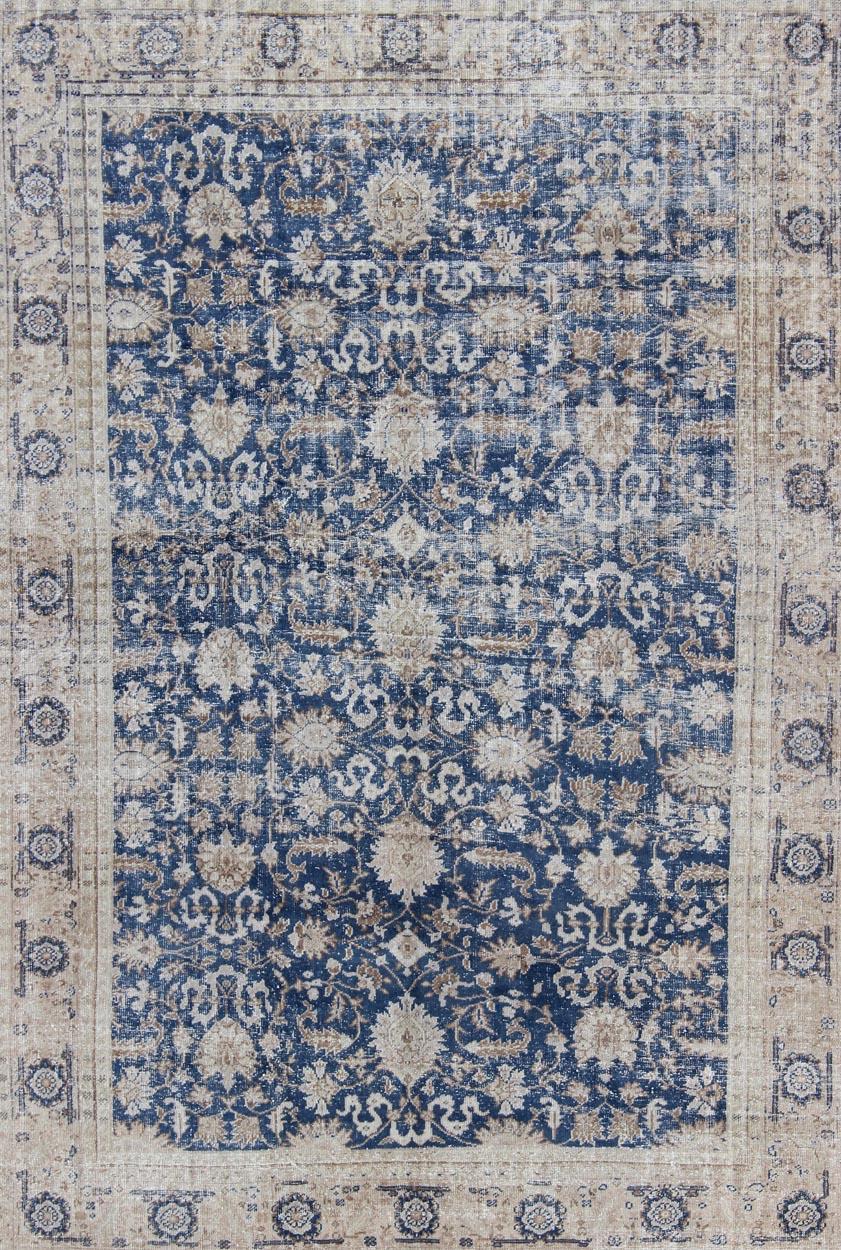 Hand-Knotted Royal Blue, Taupe Vintage Turkish Distressed Rug with All-Over Geometric  Design For Sale