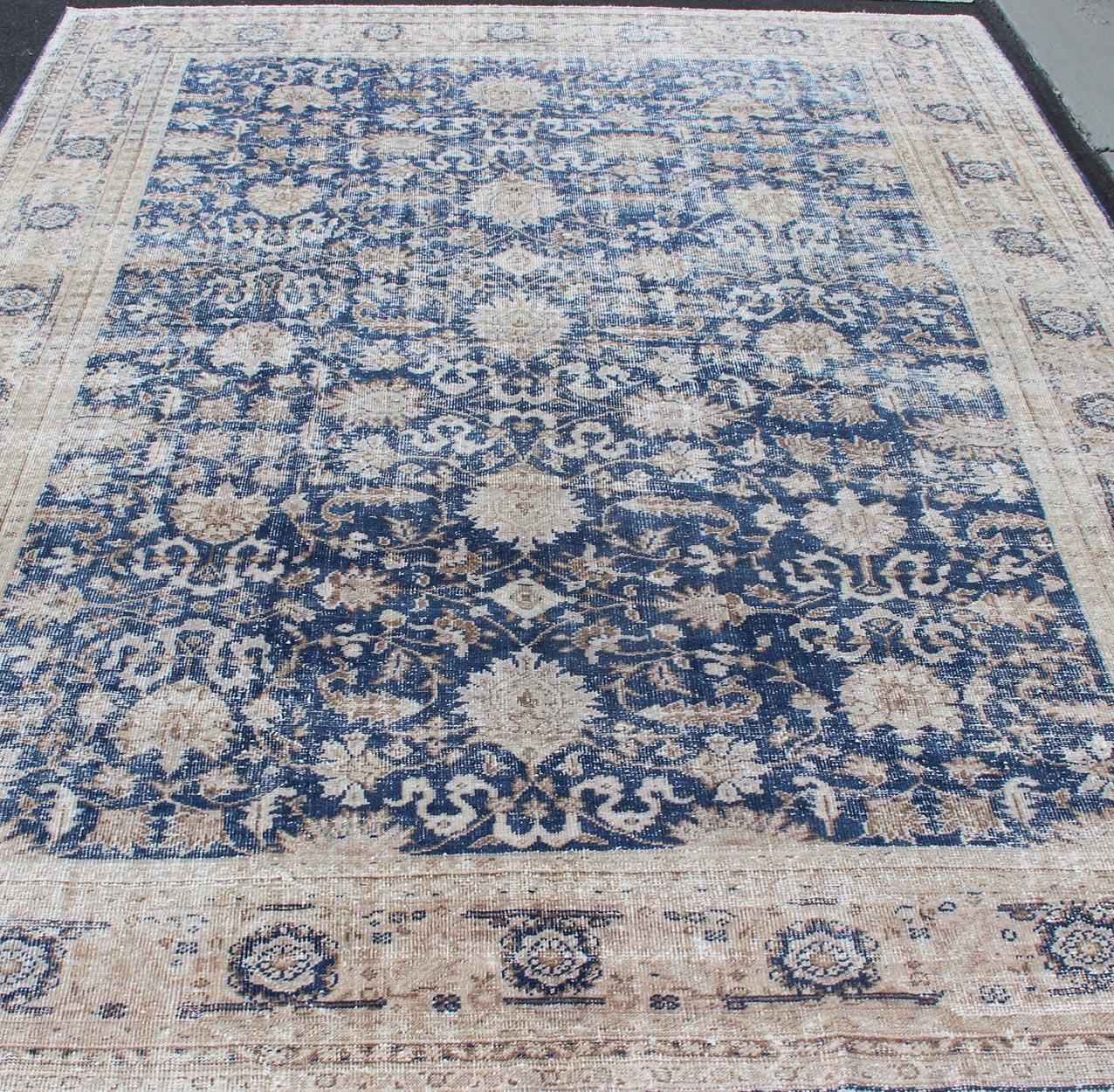 20th Century Royal Blue, Taupe Vintage Turkish Distressed Rug with All-Over Geometric  Design For Sale