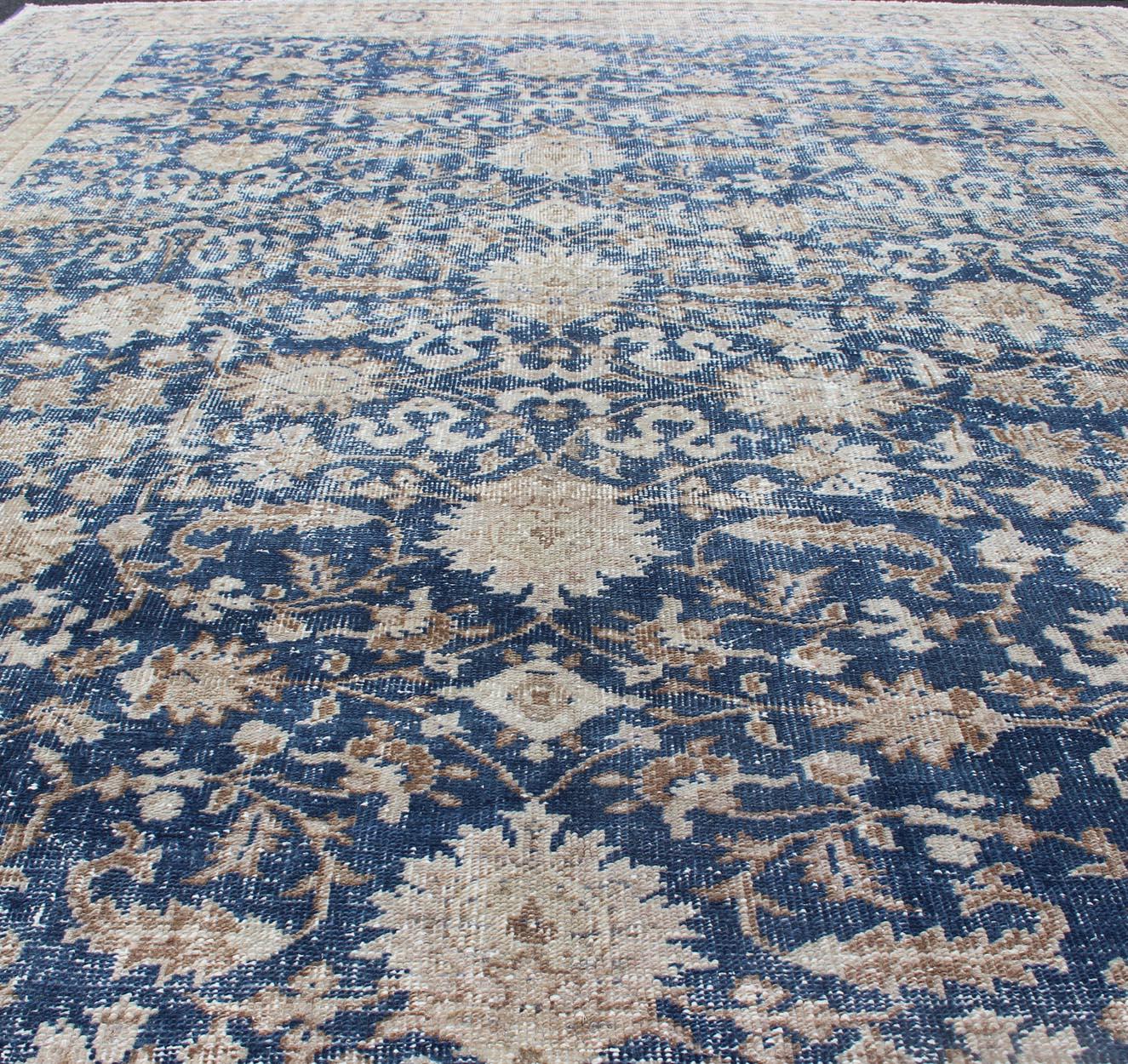 Wool Royal Blue, Taupe Vintage Turkish Distressed Rug with All-Over Geometric  Design For Sale