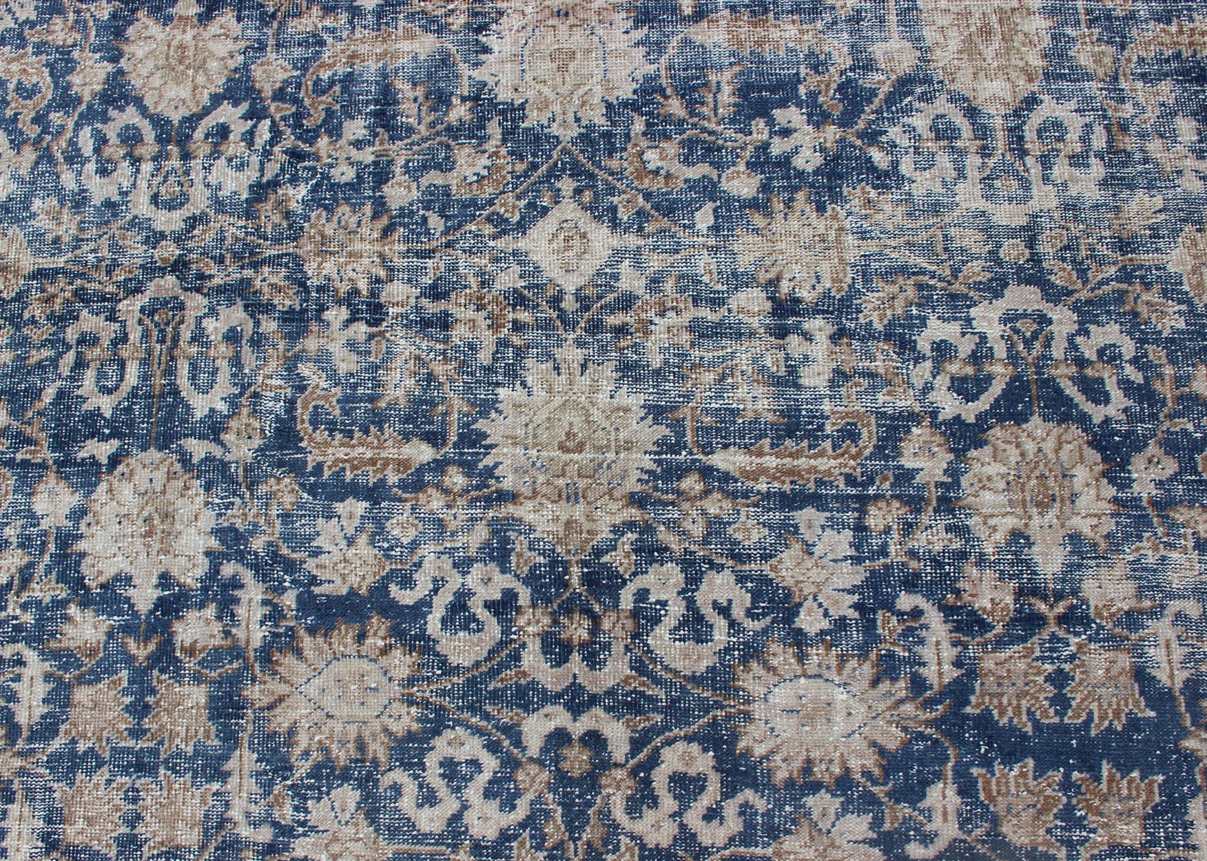 Royal Blue, Taupe Vintage Turkish Distressed Rug with All-Over Geometric  Design For Sale 1
