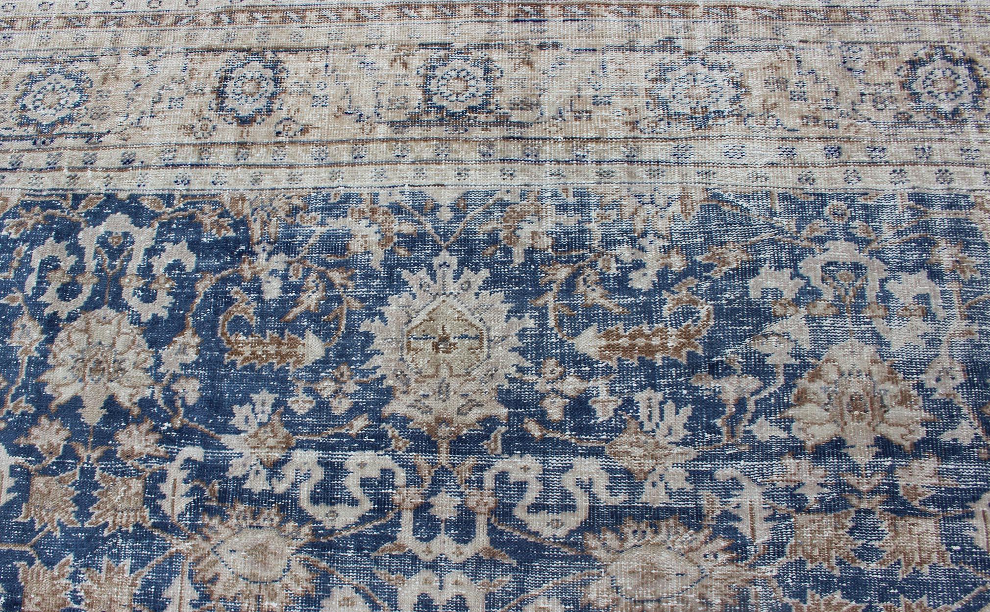 Royal Blue, Taupe Vintage Turkish Distressed Rug with All-Over Geometric  Design For Sale 2