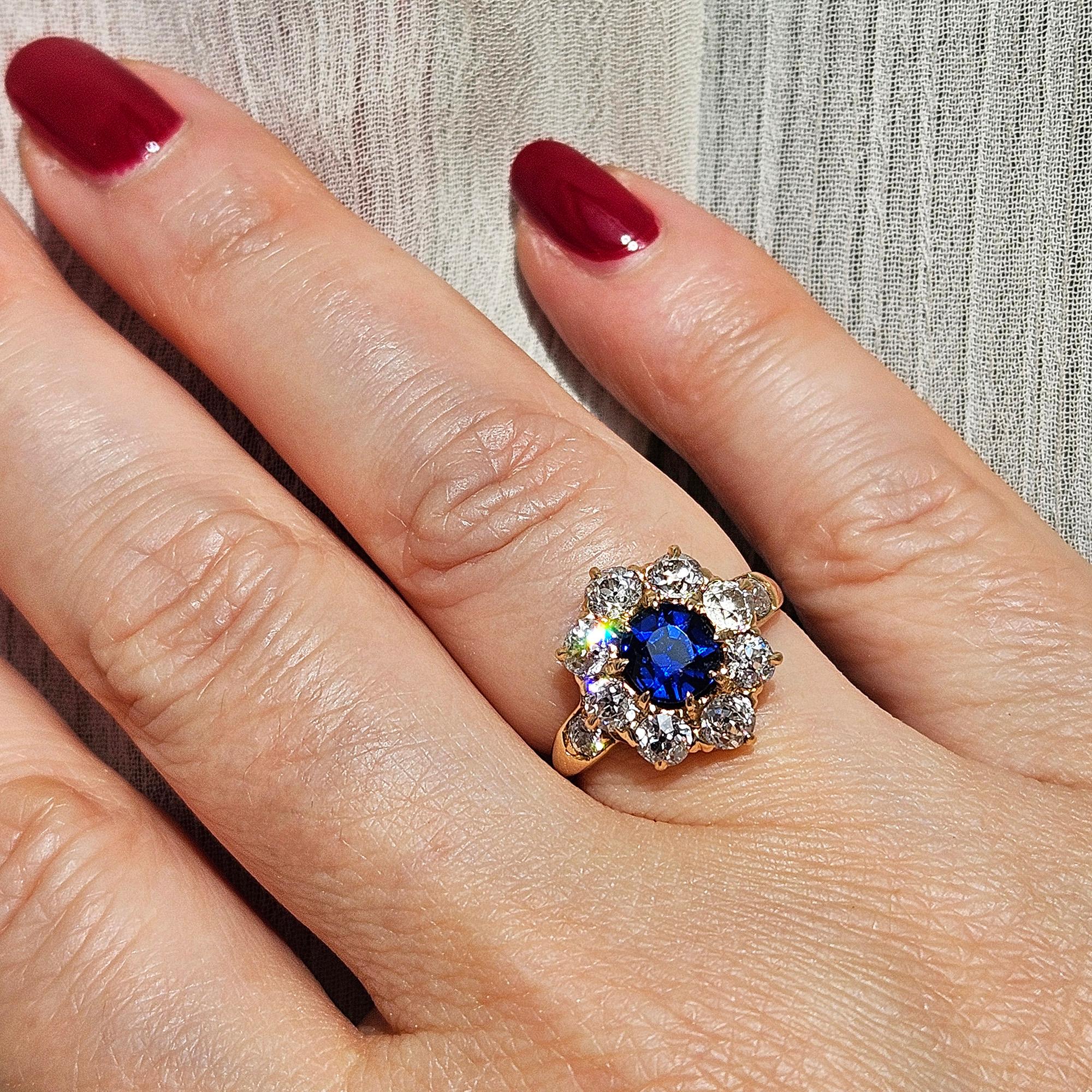 Royal Blue Victorian GIA 2.29ctw Sapphire Diamond Antique Cluster 14K Gold Ring 6