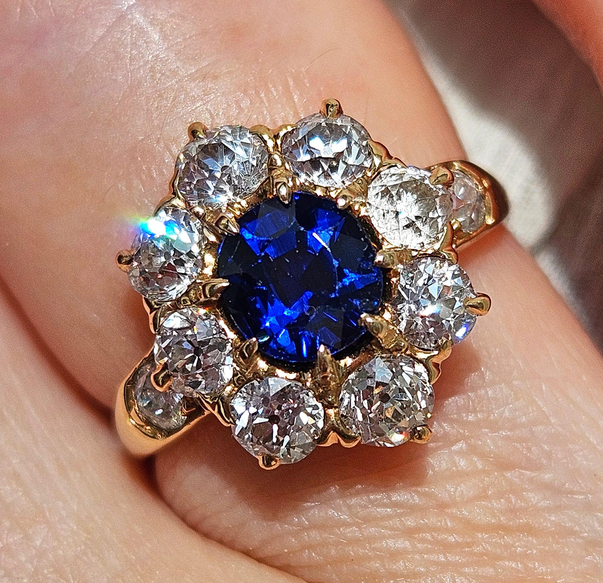Royal Blue Victorian GIA 2.29ctw Sapphire Diamond Antique Cluster 14K Gold Ring 8