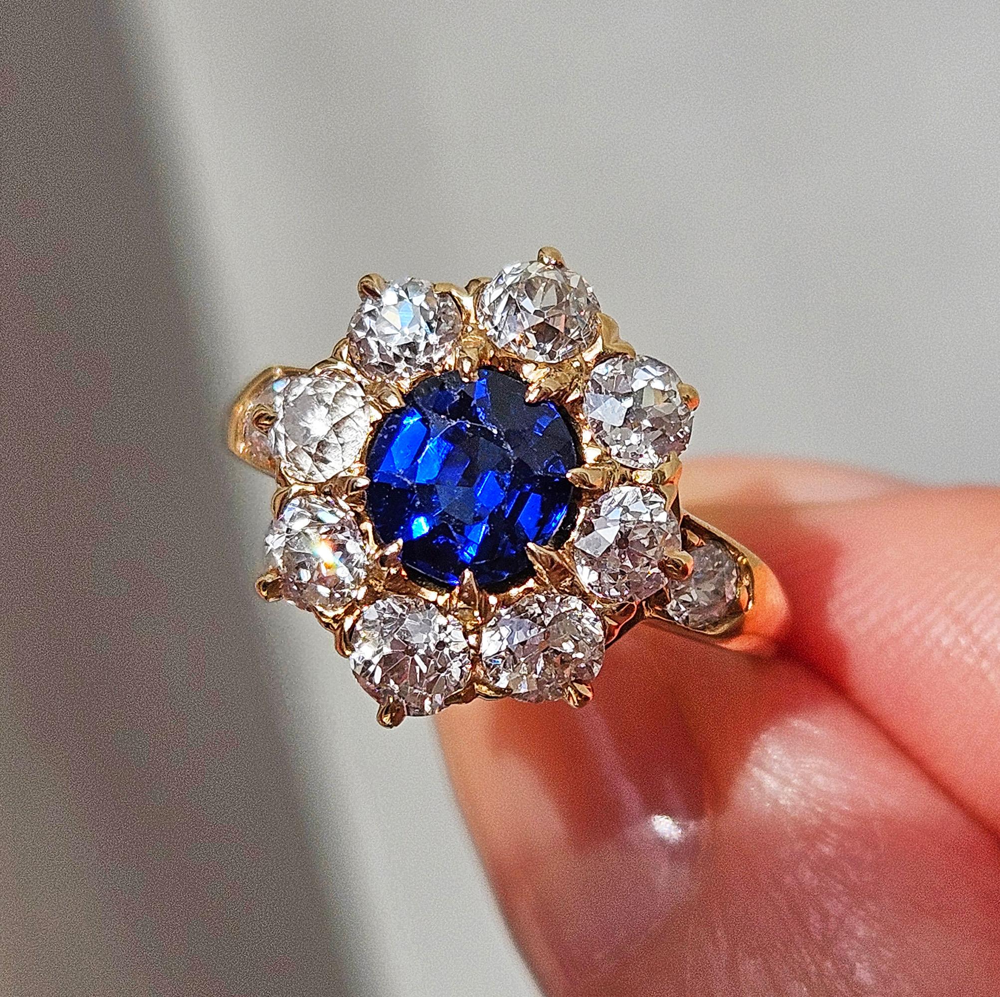 Royal Blue Victorian GIA 2.29ctw Sapphire Diamond Antique Cluster 14K Gold Ring 10