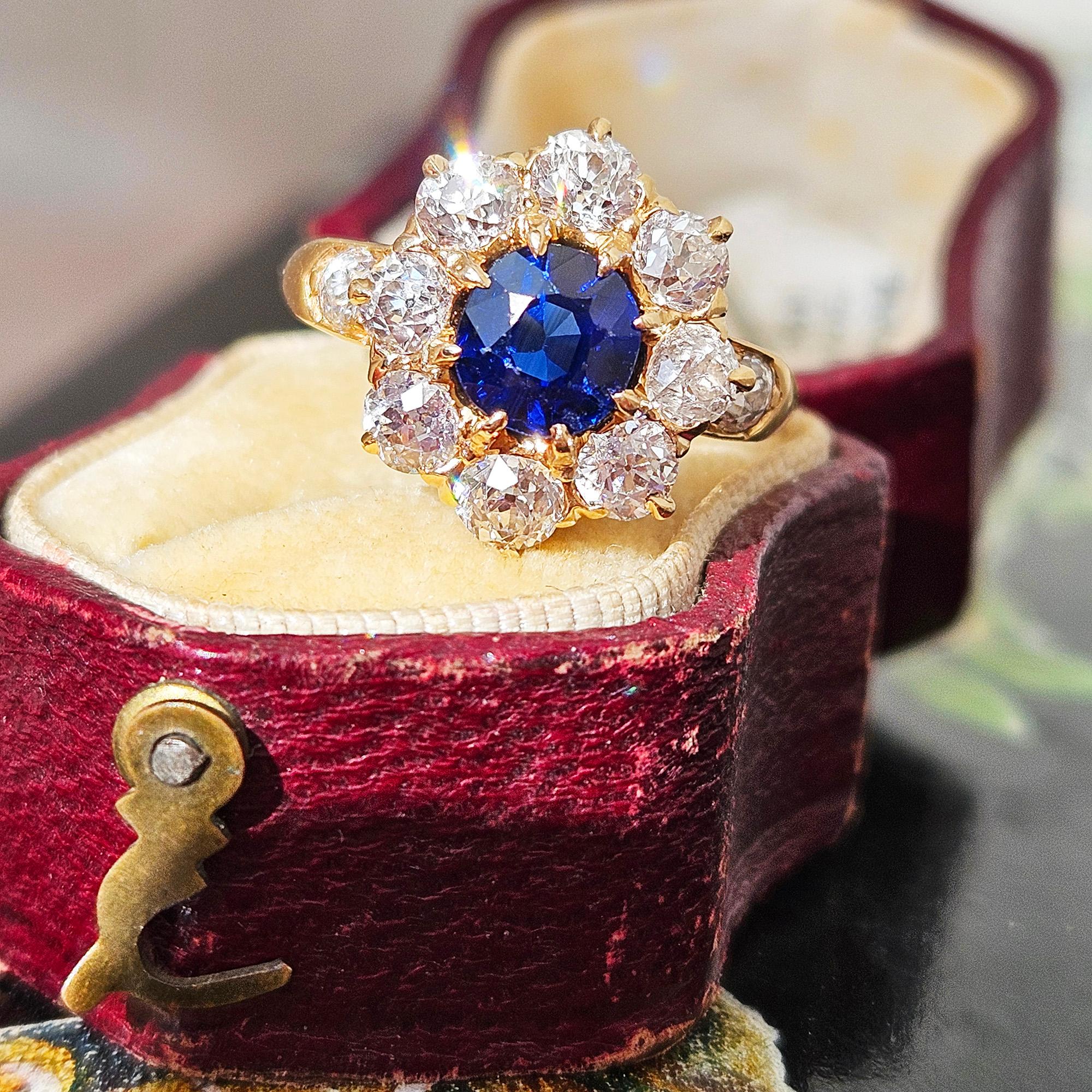 Royal Blue Victorian GIA 2.29ctw Sapphire Diamond Antique Cluster 14K Gold Ring 13