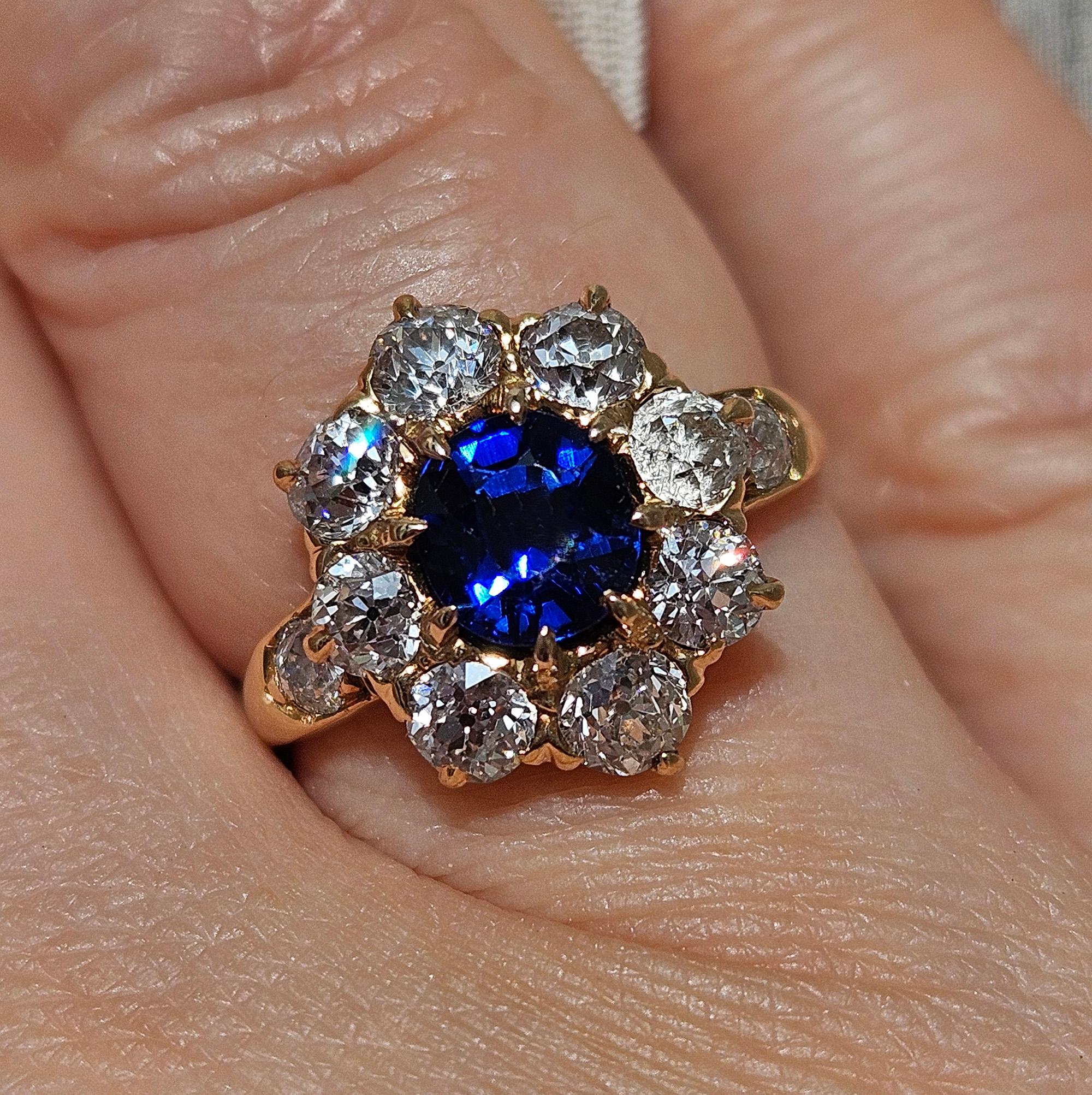 Royal Blue Victorian GIA 2.29ctw Sapphire Diamond Antique Cluster 14K Gold Ring 14