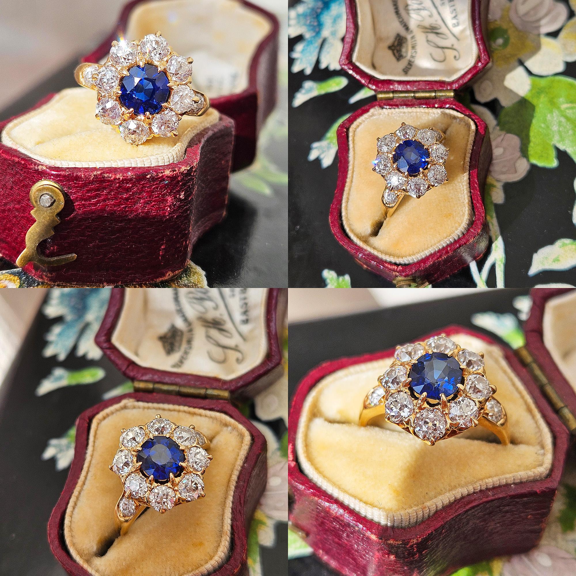 Royal Blue Victorian GIA 2.29ctw Sapphire Diamond Antique Cluster 14K Gold Ring 15