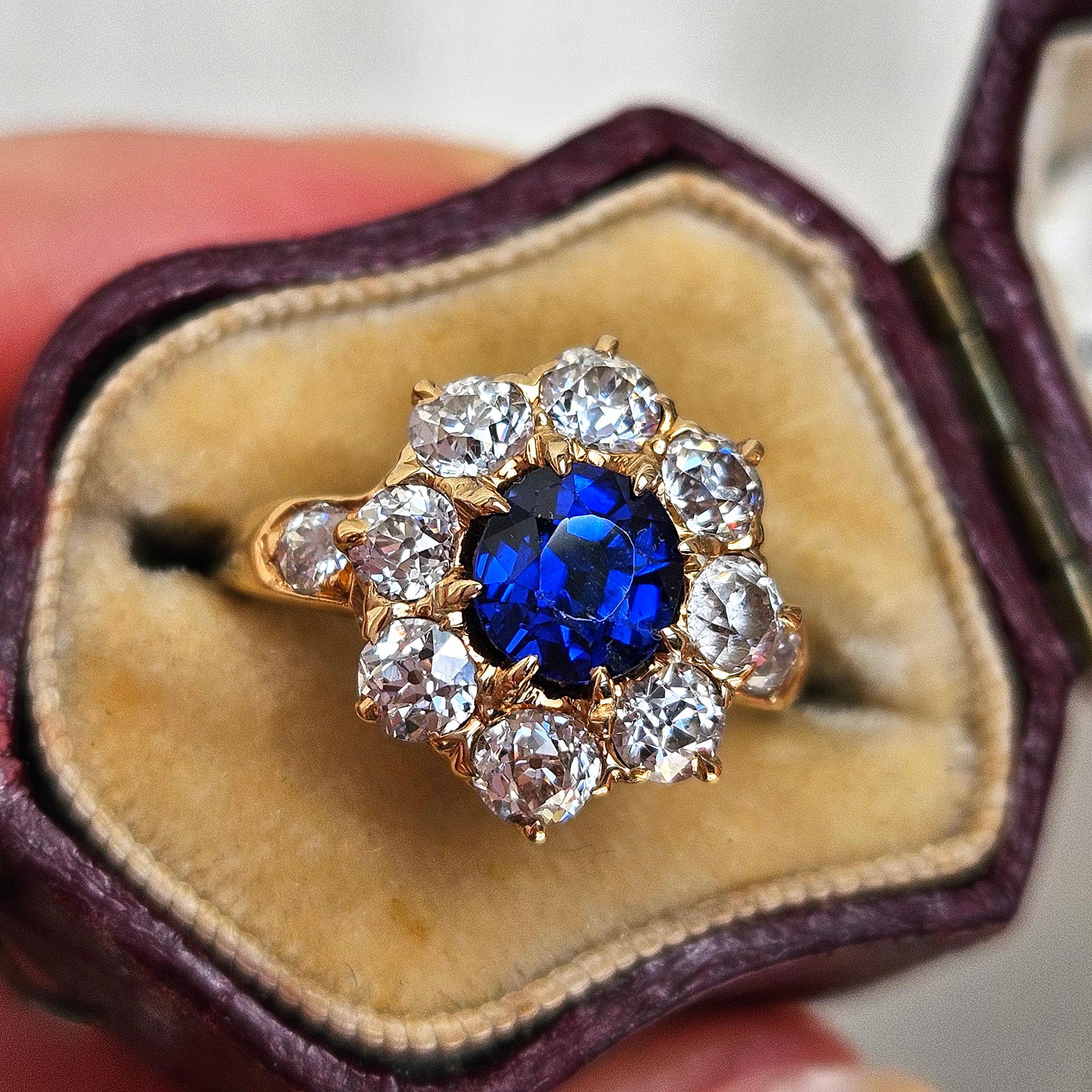 Cushion Cut Royal Blue Victorian GIA 2.29ctw Sapphire Diamond Antique Cluster 14K Gold Ring