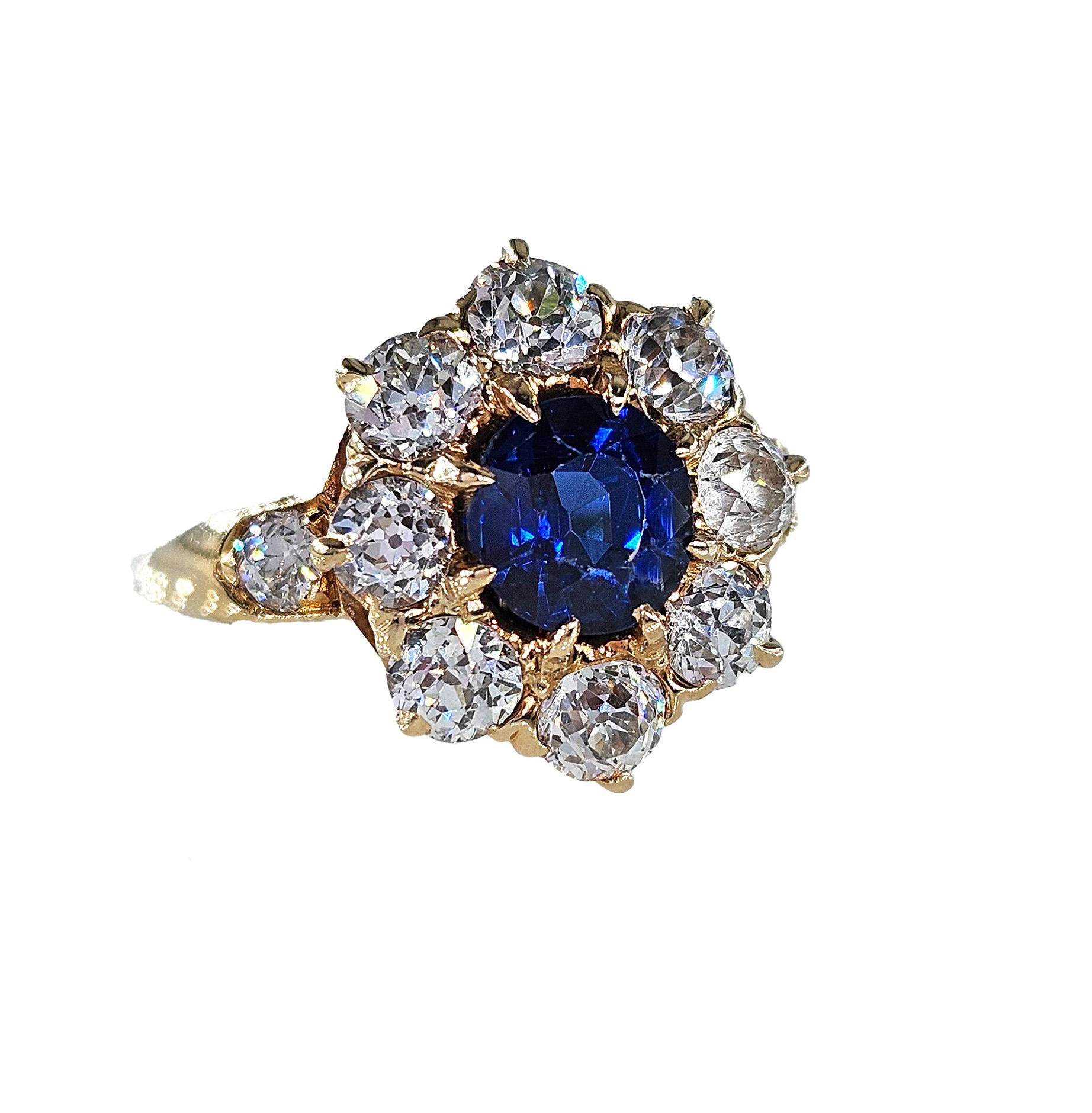 Women's Royal Blue Victorian GIA 2.29ctw Sapphire Diamond Antique Cluster 14K Gold Ring