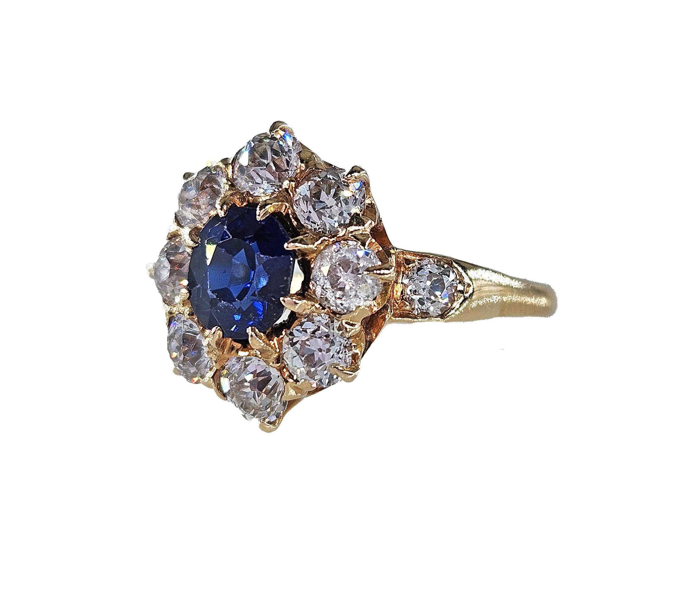 Royal Blue Victorian GIA 2.29ctw Sapphire Diamond Antique Cluster 14K Gold Ring 1