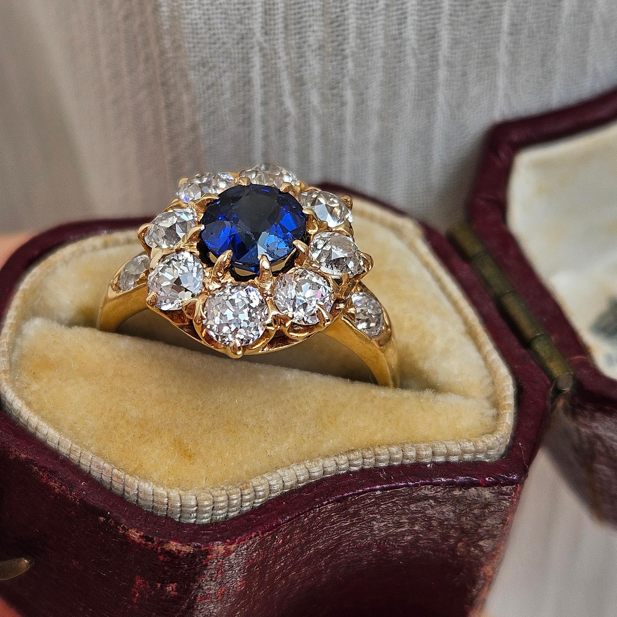 Royal Blue Victorian GIA 2.29ctw Sapphire Diamond Antique Cluster 14K Gold Ring 3