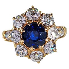 Royal Blue Victorian GIA 2.29ctw Sapphire Diamond Antique Cluster 14K Gold Ring