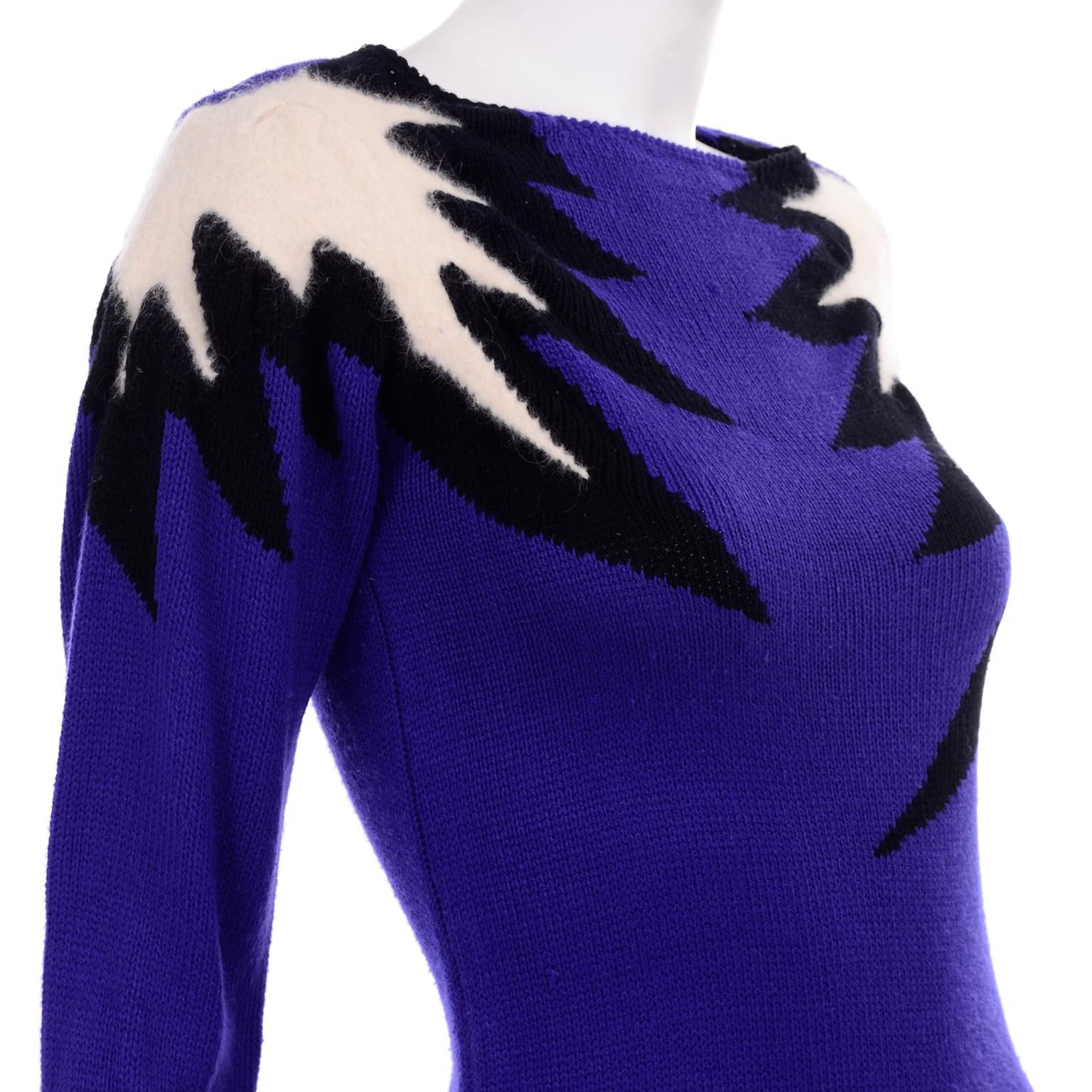 Women's Royal Blue Vintage Angora Sweater Dress With Cartoon Style Lightning Bolts  For Sale
