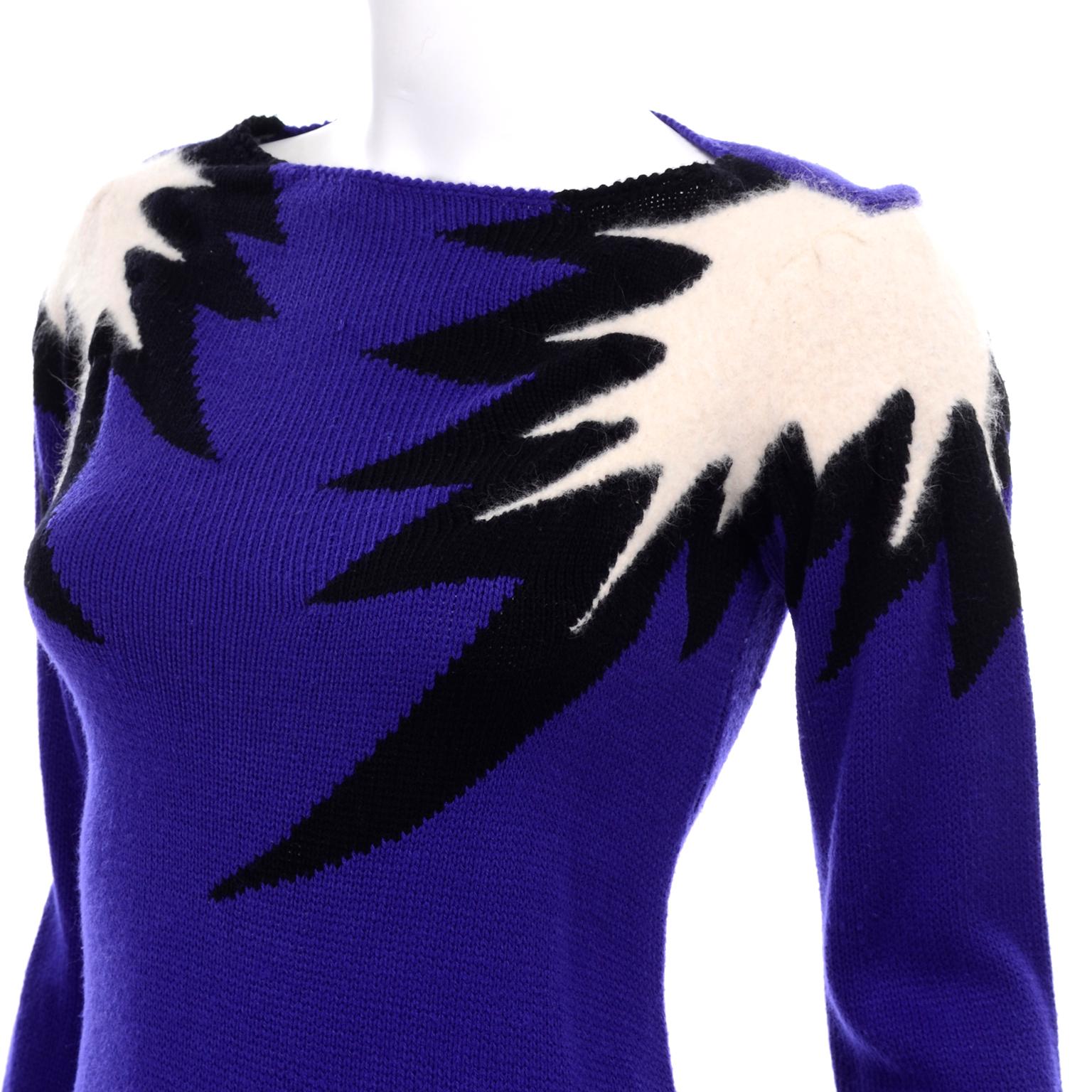 Royal Blue Vintage Angora Sweater Dress With Cartoon Style Lightning Bolts  For Sale 1