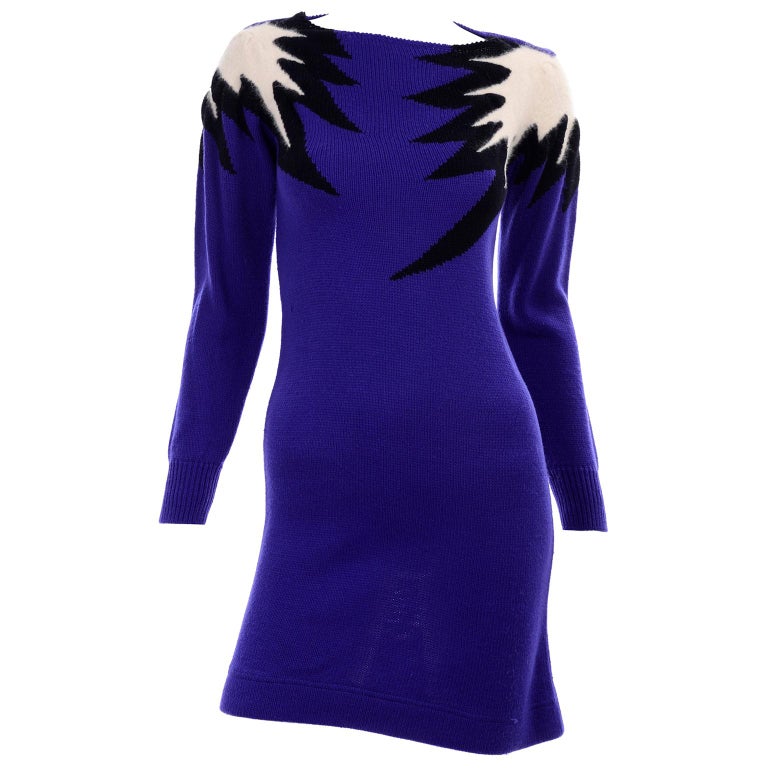 Royal Blue Vintage Angora Sweater Dress With Cartoon Style Lightning Bolts  For Sale at 1stDibs