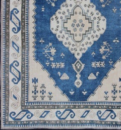 Royal Blue, White and Taupe Vintage Turkish Rug with Geometric Medallion