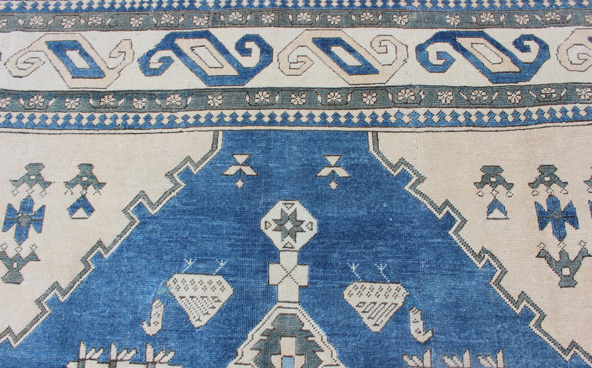 Oushak Royal Blue, White and Taupe Vintage Turkish Rug with Geometric Medallion For Sale