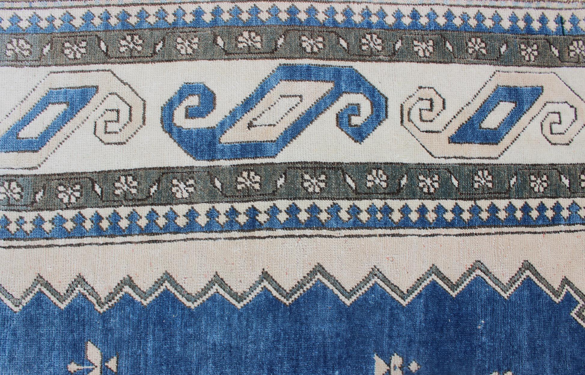 Hand-Knotted Royal Blue, White and Taupe Vintage Turkish Rug with Geometric Medallion For Sale