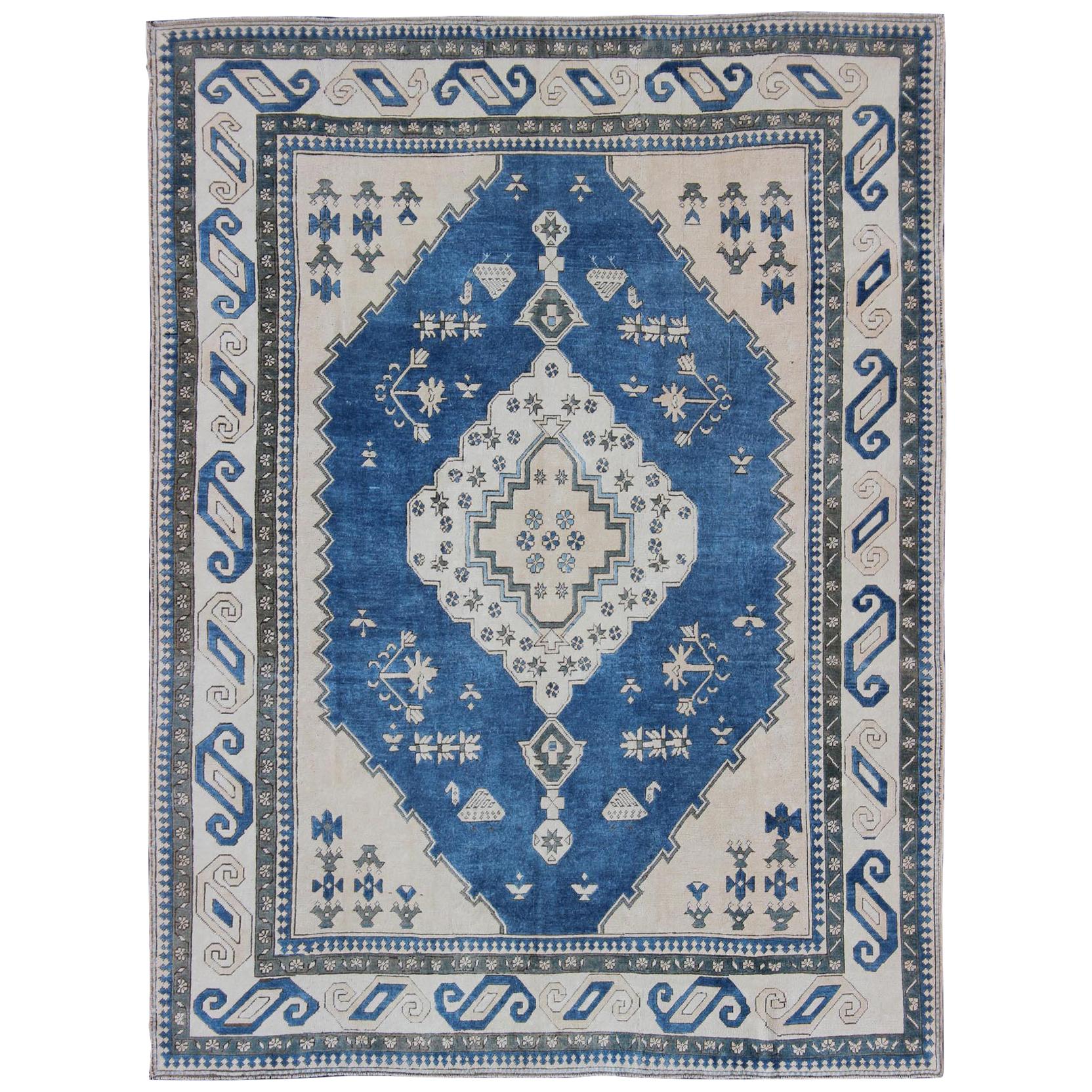 Royal Blue, White and Taupe Vintage Turkish Rug with Geometric Medallion For Sale