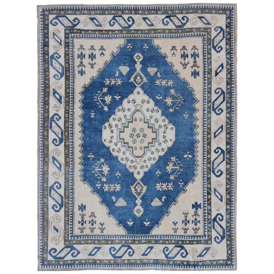 Royal Blue, White and Taupe Vintage Turkish Rug with Geometric ...