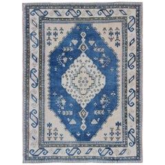 Royal Blue, White and Taupe Vintage Turkish Rug with Geometric Medallion