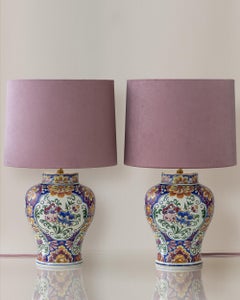 Royal Boch Delft Polychrome Table Lamps (c 1968–1975) Lavender Velvet Shades
