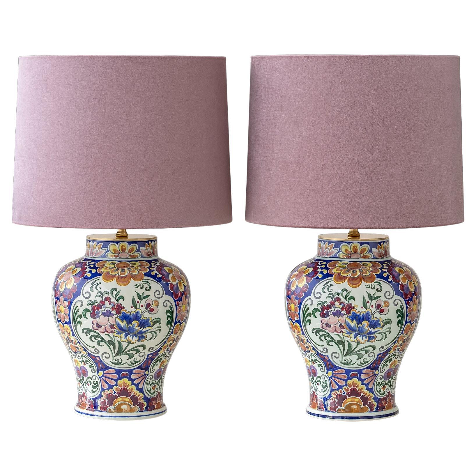 Royal Boch Delft Polychrome Table Lamps (c 1968–1975) Lavender Velvet Shades