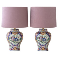 Royal Boch Delft Polychrome Table Lamps (c 1968–1975) Lavender Velvet Shades