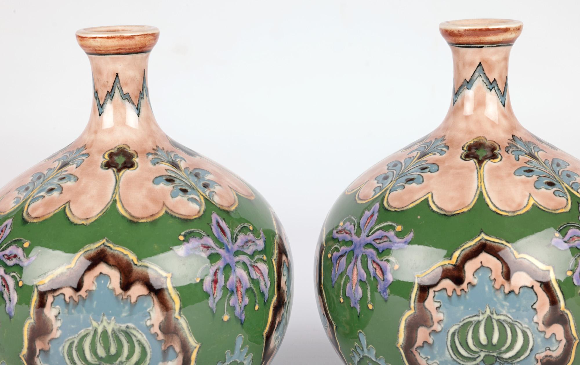 German Royal Bonn Art Nouveau Pair Hand Painted Floral Pottery Vases  For Sale