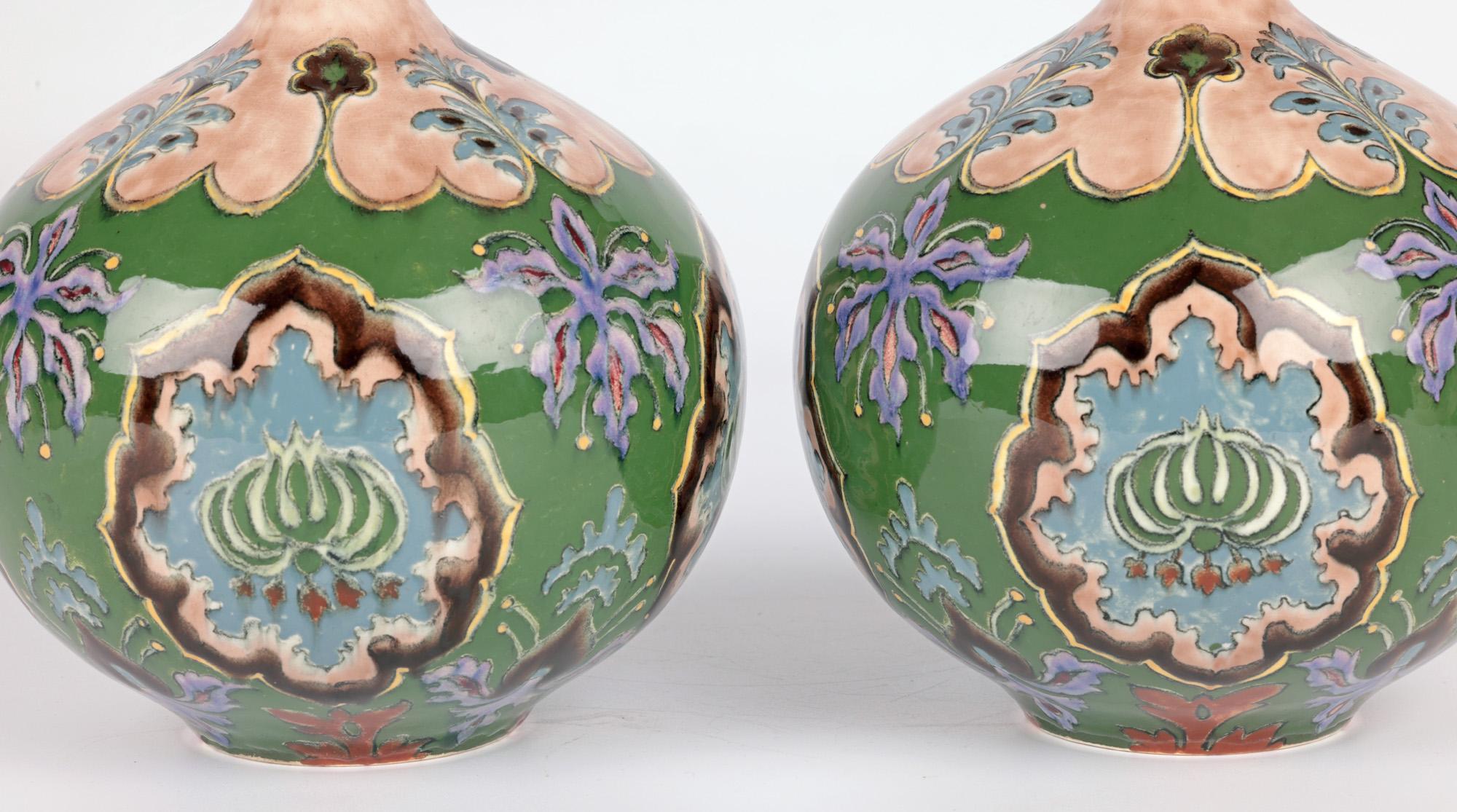 Enameled Royal Bonn Art Nouveau Pair Hand Painted Floral Pottery Vases  For Sale