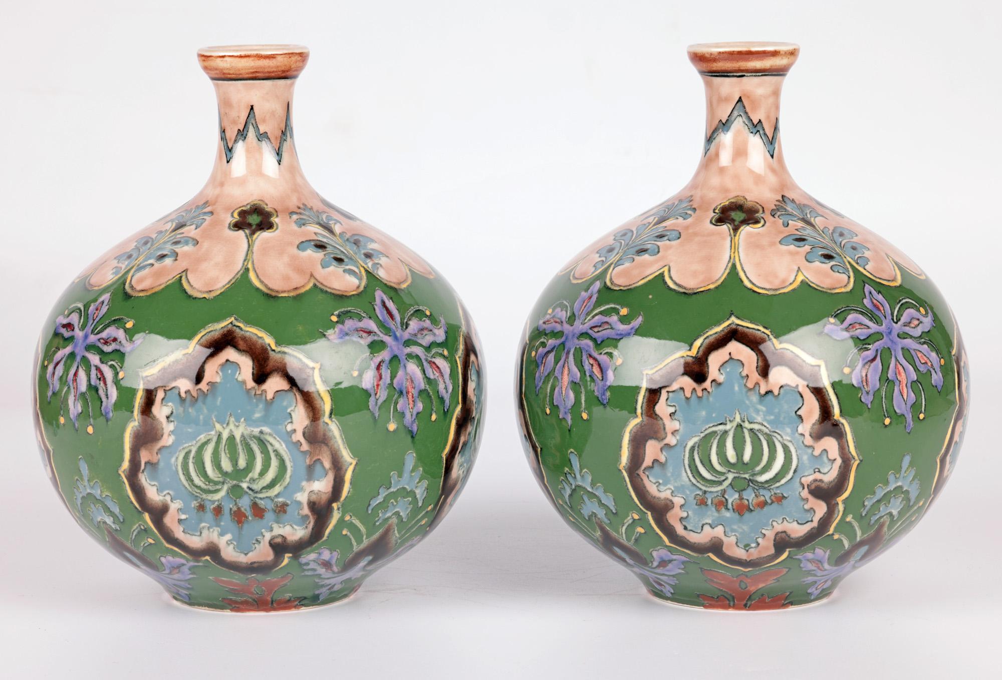 Royal Bonn Art Nouveau Pair Hand Painted Floral Pottery Vases  In Good Condition For Sale In Bishop's Stortford, Hertfordshire