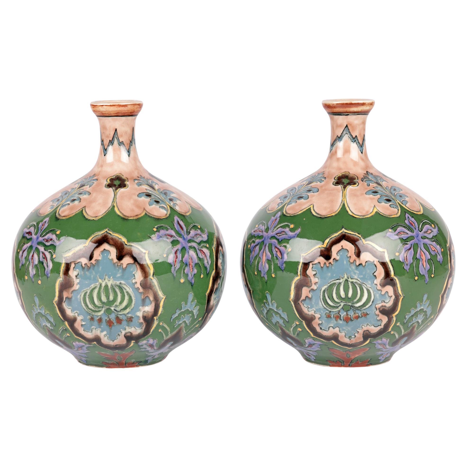 Royal Bonn Art Nouveau Pair Hand Painted Floral Pottery Vases 